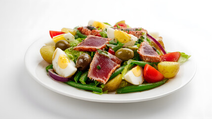 Refreshing and Vibrant Salad Nioise with Fresh Vegetables, Tuna, Potatoes, and Eggs Plated Elegantly