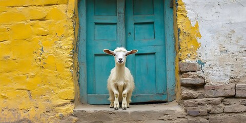 Goat at a Colorful Doorway in a Village