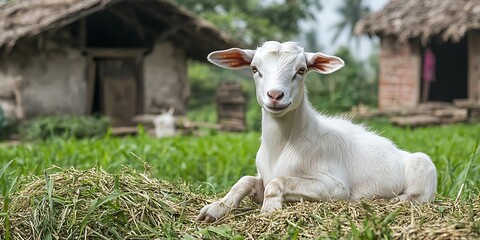 Obraz premium Young goat resting on hay in rural setting. Possible stock photo use