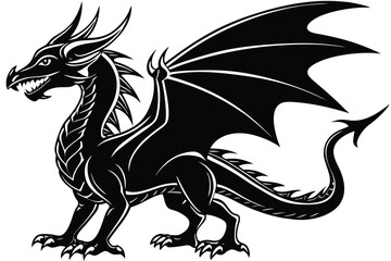 Obraz premium Silhouette Dragon with Wings, Horns, Claws, Tail and Scales in Black and White Style