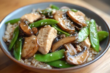 A hearty veggie-packed stir-fry with tofu, mushrooms, and snap peas, served over brown rice