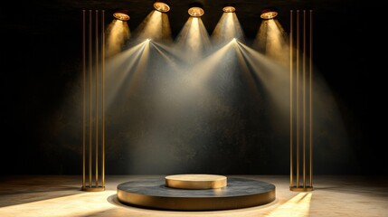 Award ceremony scene with golden stage lights and a spotlighted podium on black
