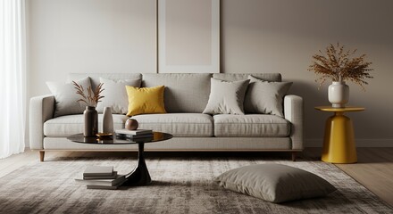 Modern living room interior design with grey sofa yellow side table and stylish decor perfect for home decor blogs and magazines