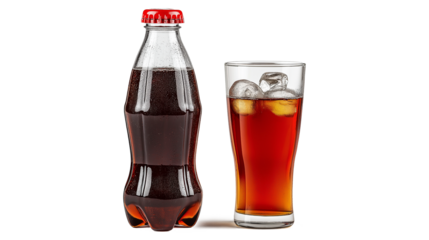 A glass of soda next to a bottle of soda. The glass is half full and the bottle is half empty