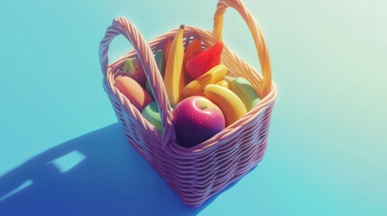 A vibrant fruit basket filled with assorted fruits, set against a soft blue background