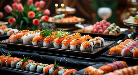 Sushi platter on the buffet table at elegant party background