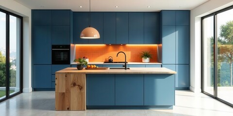 Modern Kitchen Design with Island and Natural Wood Accents, Featuring a Sleek Blue Color Palette and Abundant Natural Light from Floor-to-Ceiling Windows