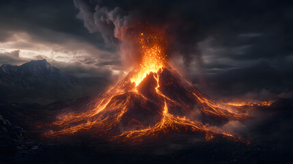 A powerful eruption with molten lava fountains and glowing embers illuminating the surrounding rocky landscape with fiery brilliance.