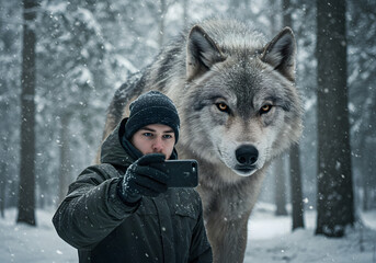An Influencer taking a Selfie with a Majestic Dire Wolf in a Snowy Forest