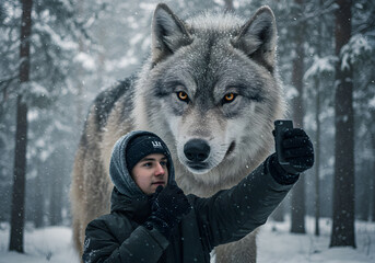 An Influencer taking a Selfie with a Majestic Dire Wolf in a Snowy Forest