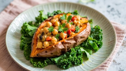 Stuffed sweet potato with chickpeas and herbs on pale green ceramic plate