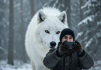Influencer Taking Selfie with Majestic Dire Wolf in Snowy Forest
