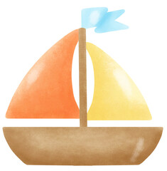 A brown sailboat with orange and yellow sails.