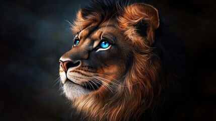 Naklejka premium Blue-eyed lion emerging from shadows, glowing eyes focused and fur softly backlit