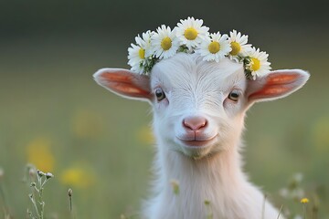 Naklejka premium Cute baby goat with daisy crown in meadow