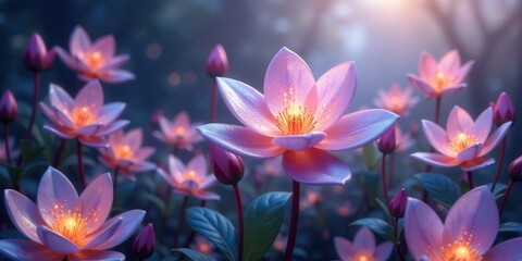 Enchanted Meadow Luminescent Pink Flowers Glowing in a Mystical Forest at Dawn