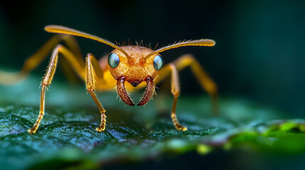 Naklejka premium A rare golden rainforest ant with glistening eyes, crawling on a leaf.