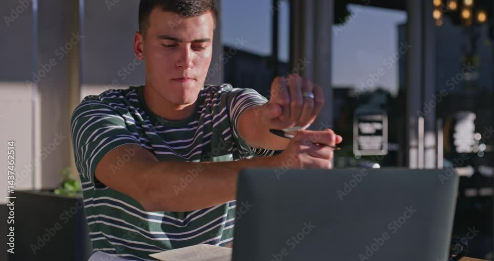 Aufkleber student, man and dancing with laptop, reading and funny with learning, scholarship and development a
