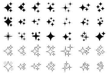 Naklejka premium Collection of different sparkling stars, Twinkle star set, icon vector. Abstract shining flash symbols, glowing light effect design. Y2k style, doodles black star set. Vector illustration.