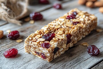 A homemade granola bar filled with oats, almonds, dried cranberries, and honey, perfect for a snack.