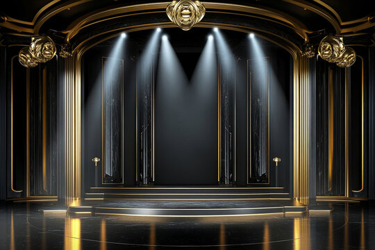 Luxury illuminated stage with golden accents and dramatic spotlight in dark atmosphere, ideal for awards ceremonies, product showcases, and glamorous events