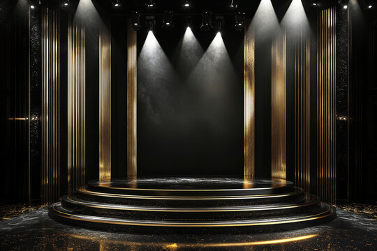 Luxury illuminated stage with golden accents and dramatic spotlight in dark atmosphere, ideal for awards ceremonies, product showcases, and glamorous events