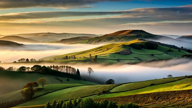 Sunrise over rolling green hills and valleys with low clouds and fog