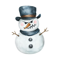 Evil snowman in scarf and top hat. Children's watercolor illustration of stylized winter character with scary smile. Isolated clipart with clear even edge on transparent background