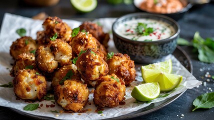Fototapeta premium Golden crispy cauliflower bites with herbs, lime and dip on white plate