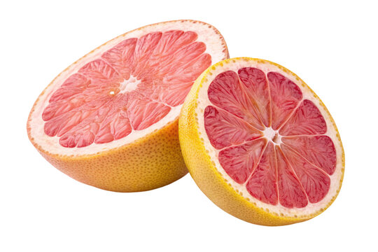 Fresh, juicy red grapefruit slice, a healthy citrus fruit isolated on white