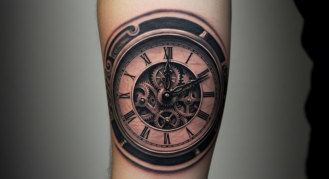 Clock Tattoo Design Showing Gears and Time on Arm