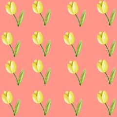 Yellow Tulip Flower Pattern Watercolor Illustration with orange background
