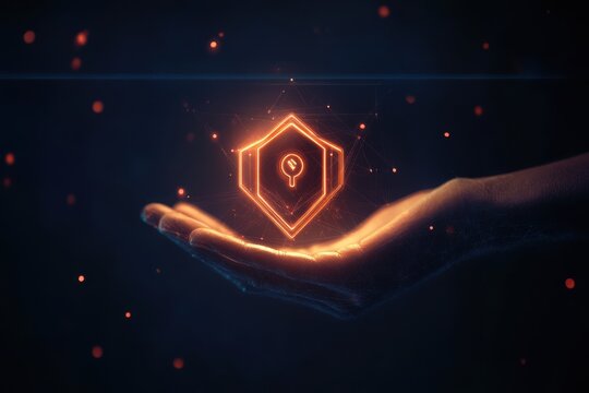 Glowing shield with checkmarks held by a wireframe hand in a dark digital space with red and blue 