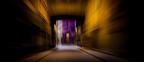 Fototapeta premium Blurred view of a dark alleyway with buildings and purple light.