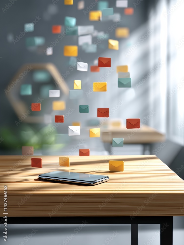 Leinwandbilder Smartphone Placed on Wooden Table With Vibrant Notifications Floating Above in a Modern Workspace