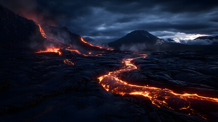 A river of red-hot lava flowing across the dark volcanic landscape at night, with the surrounding environment bathed in the eerie glow of molten rock.