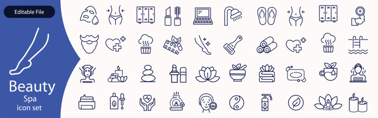 Beauty and Spa set of web icons in line style. Cosmetics services & Spa icons for web and mobile app. Spa treatments, skin care, massage, hyaluronic acid, serum, anti ageing, pore tighten, cosmetology