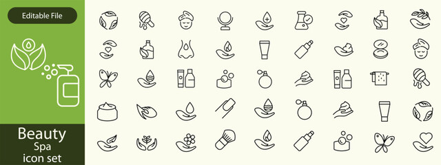 Beauty and Spa set of web icons in line style. Cosmetics services & Spa icons for web and mobile app. Spa treatments, skin care, massage, hyaluronic acid, serum, anti ageing, pore tighten, cosmetology