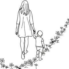 Mother and Child Walking Along Flower Path