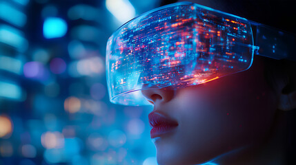 Futuristic person wearing smart glasses with neon city lights reflection