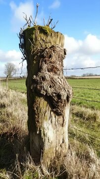 Weathered wooden fence post with moss and knotholes, set in a grassy rural field under a blue sky, creating a rustic countryside scene