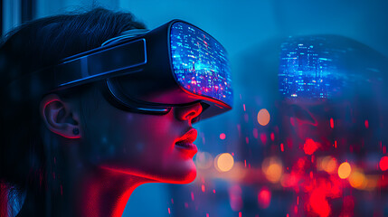 Futuristic person wearing smart glasses with neon city lights reflection