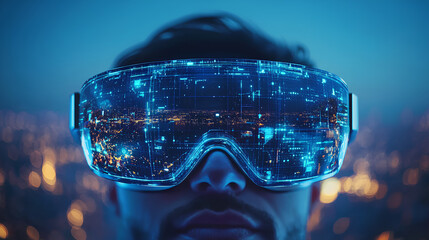 Futuristic person wearing smart glasses with neon city lights reflection