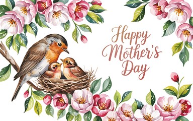 Robin Bird Watercolor Illustration Feeding Baby in Nest with Cherry Blossoms Floral Border for Mothers Day Card