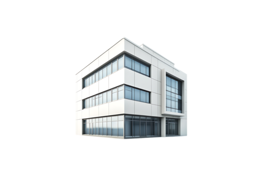 Modern white building with glass windows on a transparent background