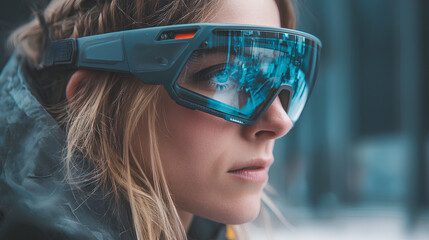 Futuristic person wearing smart glasses with neon city lights reflection