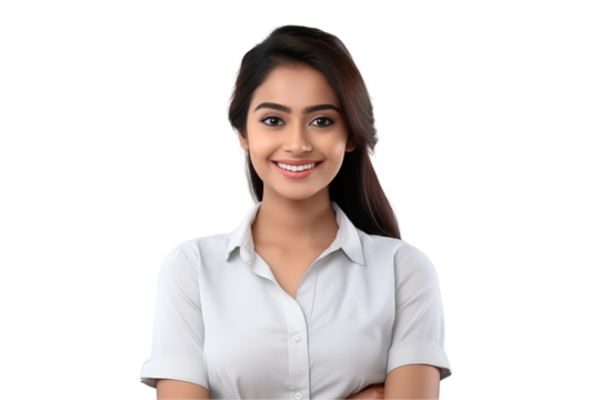 Smiling Indian Female Student on a Transparent background – PNG Transparent Background for Educational & Marketing Projects. PNG cut out. Isolated image.