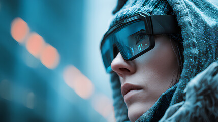 Futuristic person wearing smart glasses with neon city lights reflection