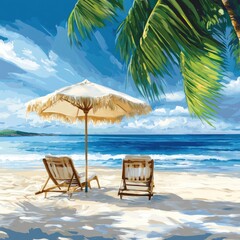 Obraz premium Tropical beach scene with sunshade and chairs