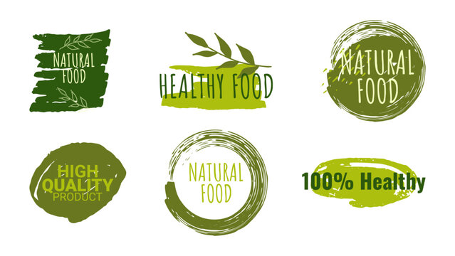 Healthy food labels badges logos Eco stickers. For farmer market eco food vegetarian menu food package. Ecology friendly design. Organic Food, Vegan, Farm Fresh, Natural Product. Vector illustration.